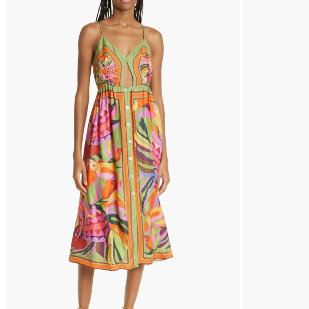 NWT $200 Toucans Scarf Cutout Midi Dress FARM Rio in size XL!